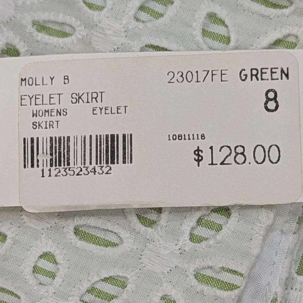 Molly B. White Eyelet Green Striped Lined Skirt Sz 8 Cottagecore Preppy Romantic
